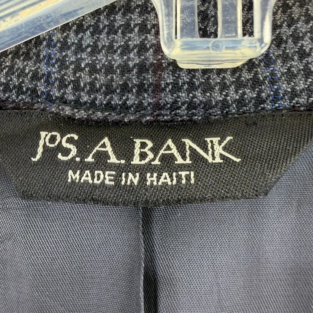 Jos A Bank Traveler Tailored Fit Sport Coat Blazer Men 48R Wool Houndstooth Gray